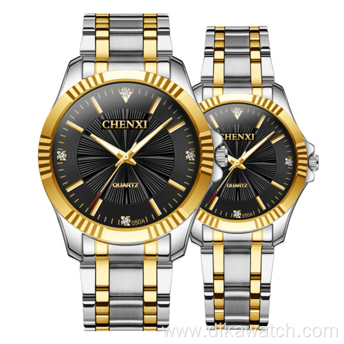 CHENXI New Men Women Quartz Couple Watch Fashion Waterproof Stainless Steel Watch Golden Luxury Wristwatch 050A